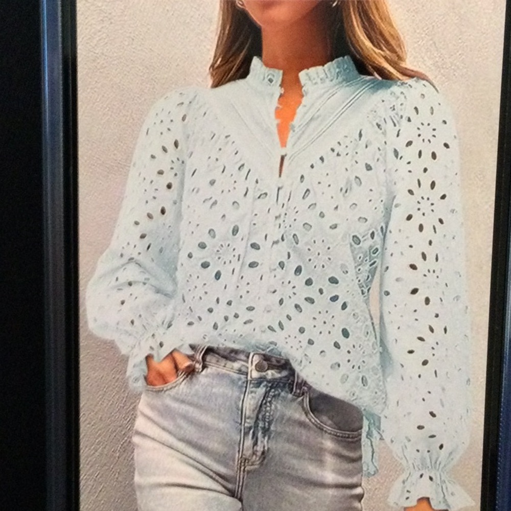 NEW Pretty Garden Light Blue Eyelet Ruffled Neck Blouse - Women Tops Size M